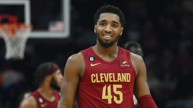 Cleveland Cavaliers guard Donovan Mitchell (45) reacts after being called for traveling during the first half against the Orlando Magic at Rocket Mortgage FieldHouse.
